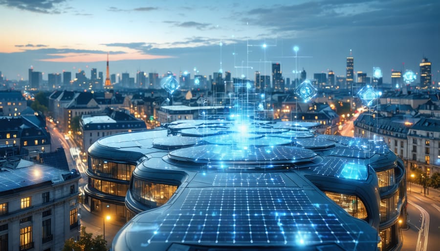 Futuristic European city skyline featuring integrated renewable energy systems, including solar panels, smart grids, and AI-driven energy management, symbolizing a pathway to sustainability and resilience.