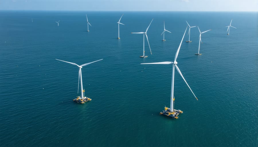 Floating offshore wind turbines deployed in deep waters with visible mooring lines