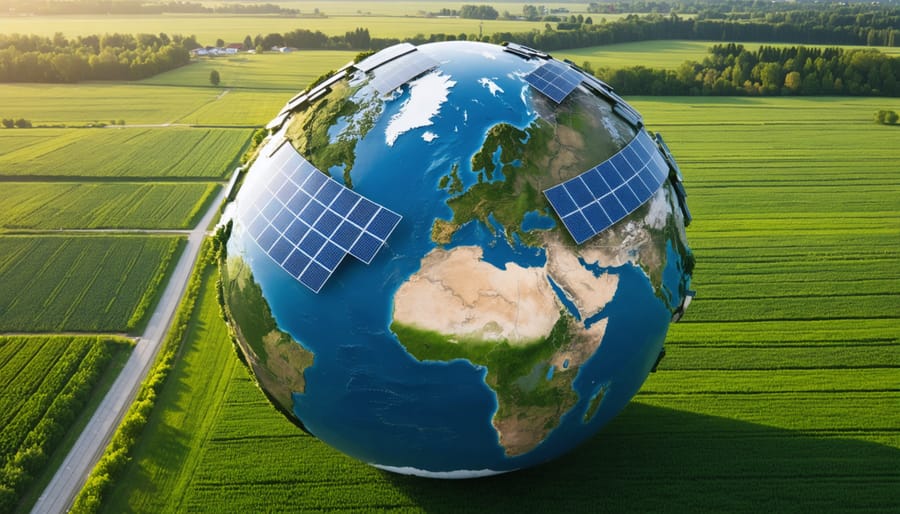 Globe adorned with solar panels, illustrating the intersection of clean energy and environmental leadership, highlighting European innovations in low-carbon solar manufacturing.