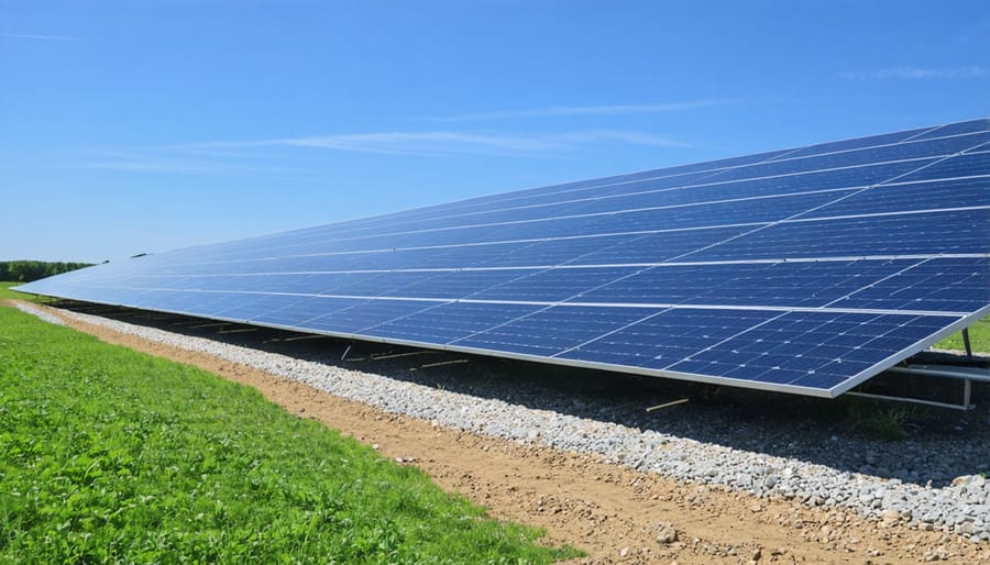 Solar panel production line in a clean, high-tech factory with visible solar panels on the roof