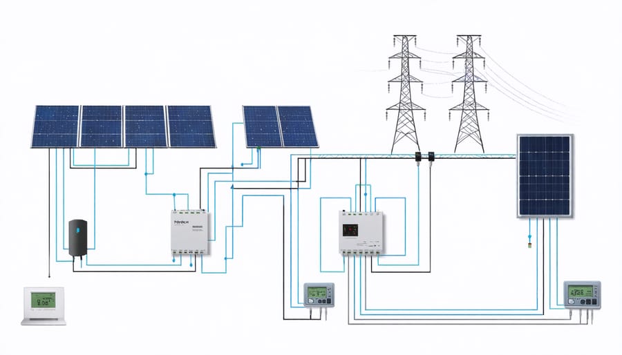 Technical illustration of solar system components and their connections to home and grid