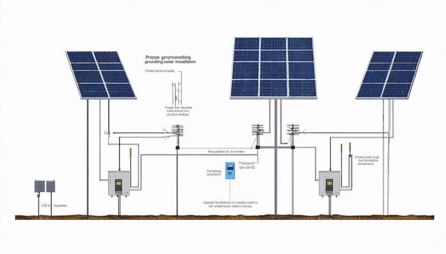 Technical illustration of solar panel grounding system components and connections