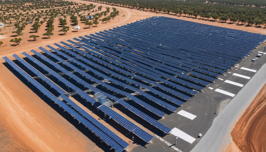 Bird's eye view of Hornsdale Power Reserve's massive battery storage facility with solar panels