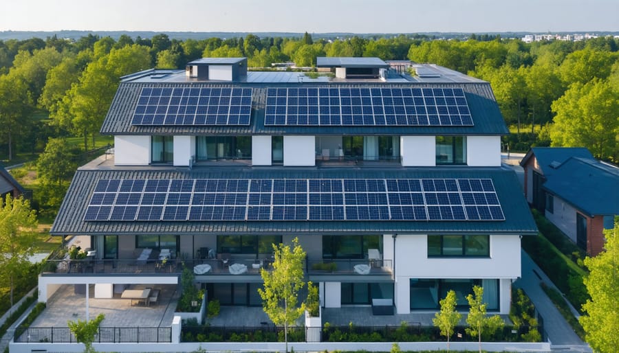 Smart residential development featuring hybrid solar-storage systems and grid integration