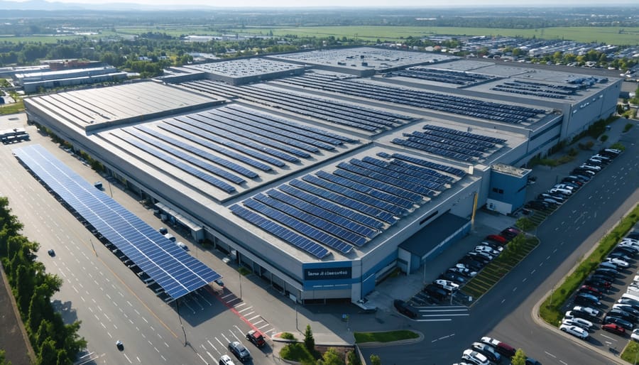 Industrial building rooftop covered with solar panels showing successful business implementation