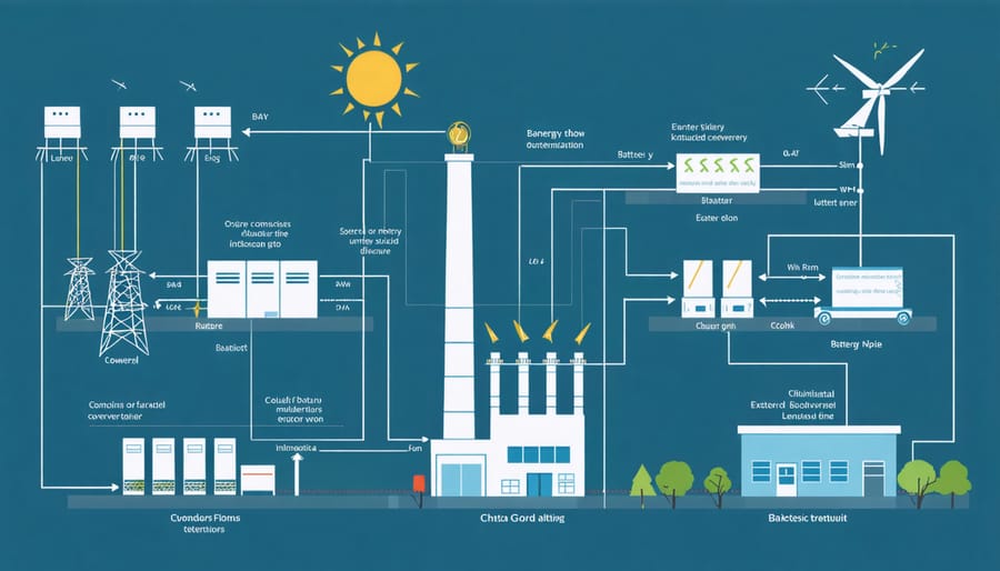 Infographic of industrial energy storage system architecture and power flow