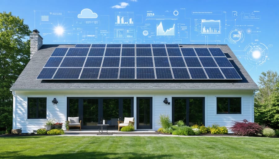 Solar-powered home in Massachusetts with rooftop panels and a digital interface overlay displaying live energy metrics from the MA SMART Solar Program.