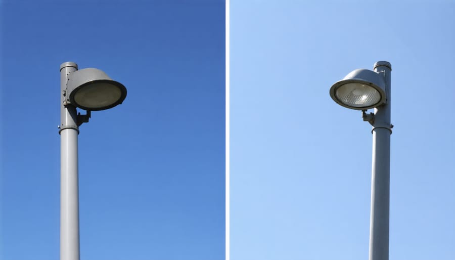 Comparison demonstrating easy maintenance access with telescoping mechanism versus traditional fixed flagpole lights