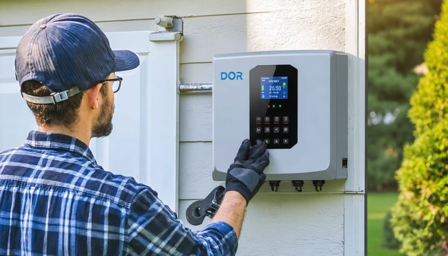 Technician installing a microinverter battery system with safety equipment and tools