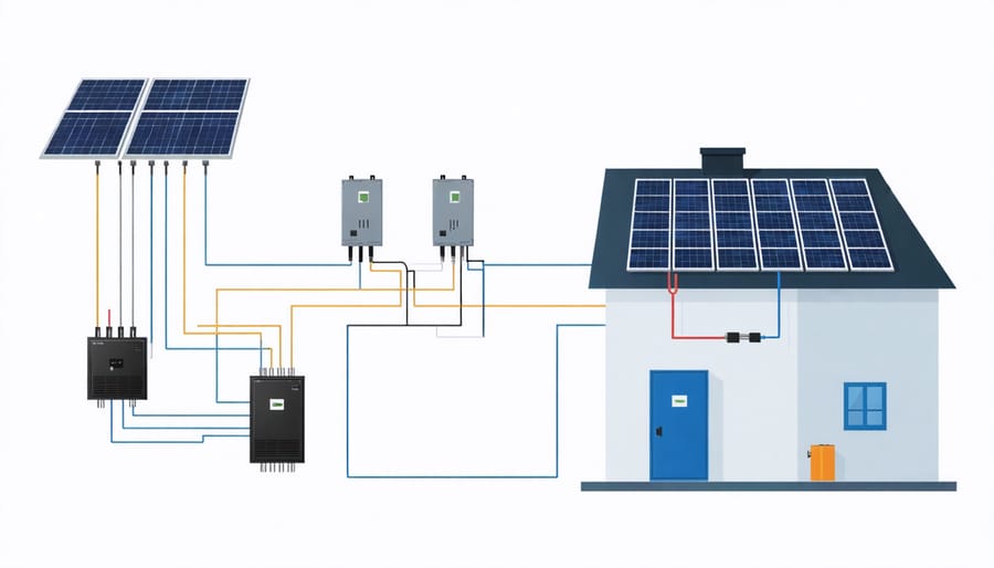 Technical diagram illustrating how microinverter batteries integrate with solar panels and household power systems