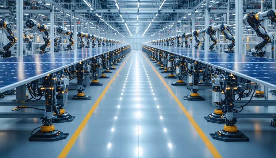 High-tech production line manufacturing solar panels with robotic automation