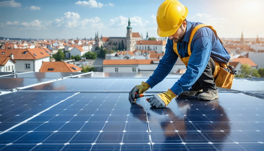 Professional installer ensuring proper grounding of an off-grid solar system amidst a backdrop of European landmarks, highlighting legal compliance and safety in solar energy installations.