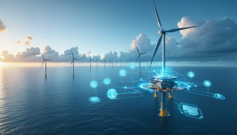 Futuristic offshore wind farm featuring towering turbines equipped with AI technology and advanced energy storage systems, set against an ocean sunrise.