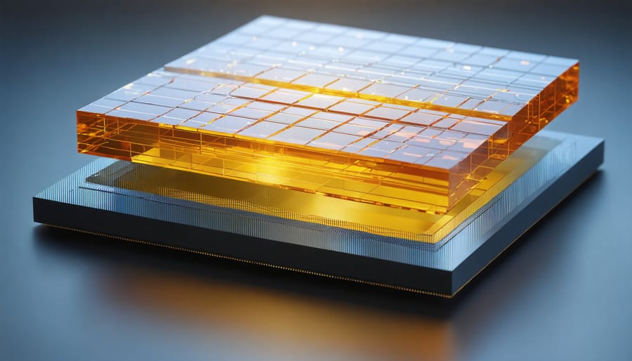 Cross-sectional view of a perovskite-silicon tandem solar cell showing multiple material layers