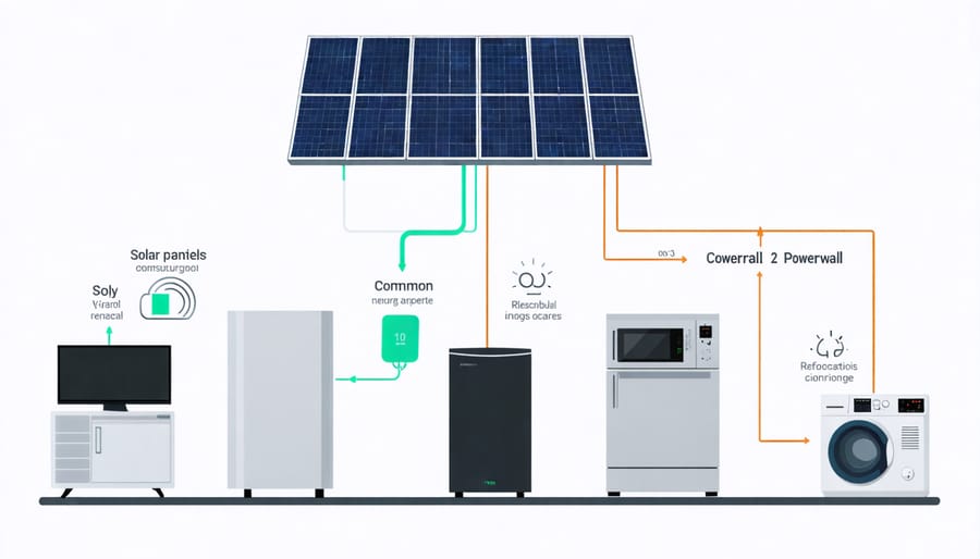 Infographic showing how Tesla Powerwall 2 connects with solar panels and powers typical household devices