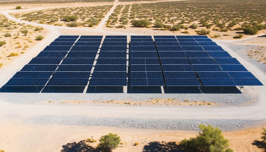 Large-scale solar panel installation in a remote location with maintenance access roads