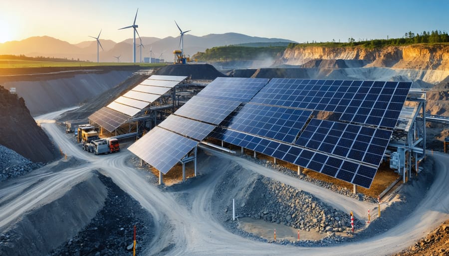 Conceptual illustration of a European mining operation powered by renewable energy, with solar panels and wind turbines integrated into the site, symbolizing green transformation and sustainability.