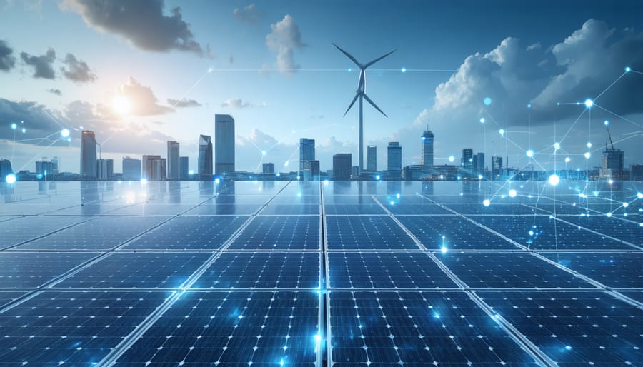 Conceptual image showing interconnected solar panels with smart grid elements against a dynamic European skyline, symbolizing resilient energy systems.