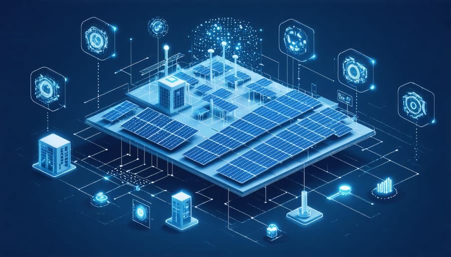 3D illustration showing connected IoT devices and real-time data monitoring in solar manufacturing