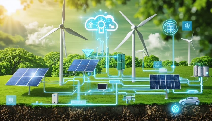 Conceptual illustration showing the interconnected components of a smart microgrid system, including solar panels, wind turbines, energy storage, and control systems, designed for climate resilience in Europe.