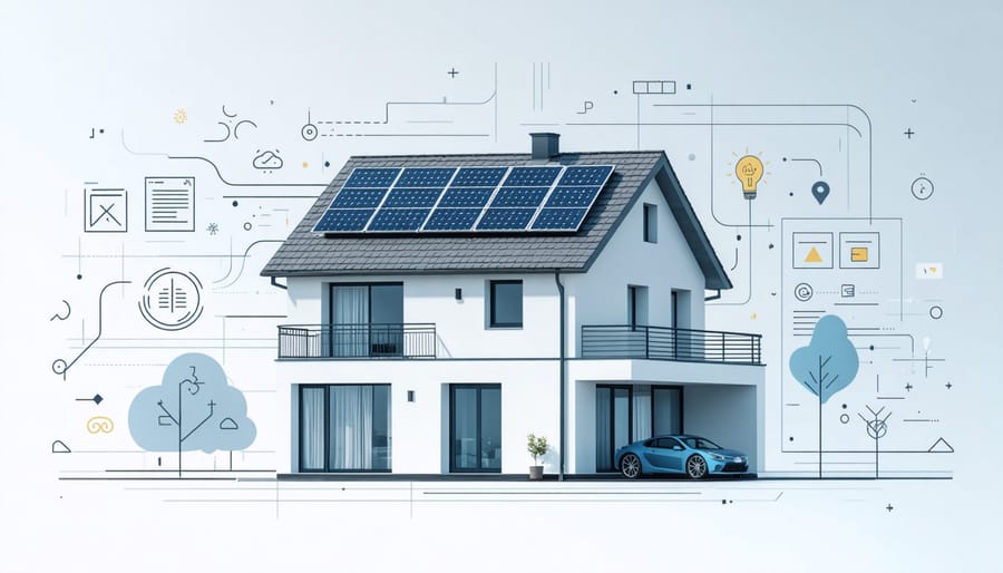 Solar-powered smart home with digital monitoring display showing energy production and consumption metrics