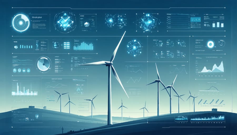 Smart wind farm control interface displaying turbine performance metrics and predictive maintenance data