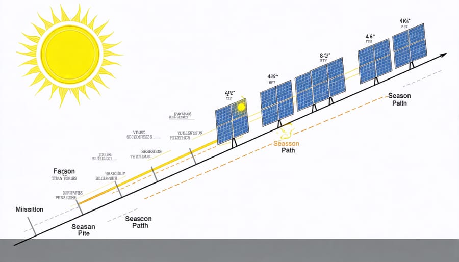 Technical illustration of optimal solar panel angles relative to seasonal sun positions