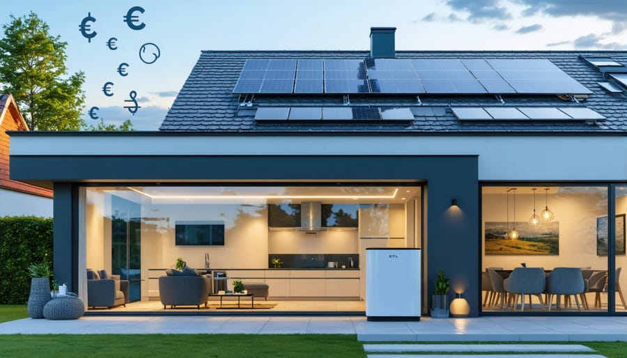 A modern European home with solar panels on the roof and a Tesla Powerwall inside, symbolizing the financial benefits of installing a solar battery backup system.