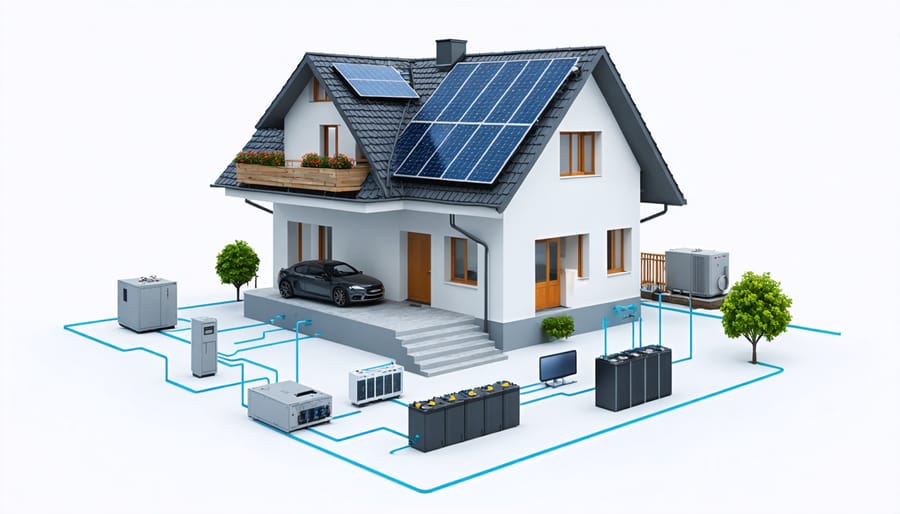 Detailed technical illustration showing battery storage, inverter, and control components of a solar backup system