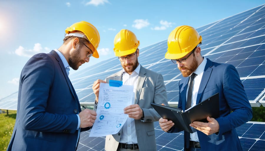 A diverse group of solar energy experts reviewing compliance documentation beside solar panels, symbolizing teamwork and regulation in Europe's solar energy sector.