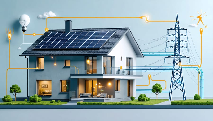 Illustration showing a house with solar panels connected to an electrical grid, featuring arrows indicating electricity flow and components like a smart meter and inverter, symbolizing the integration of renewable energy.