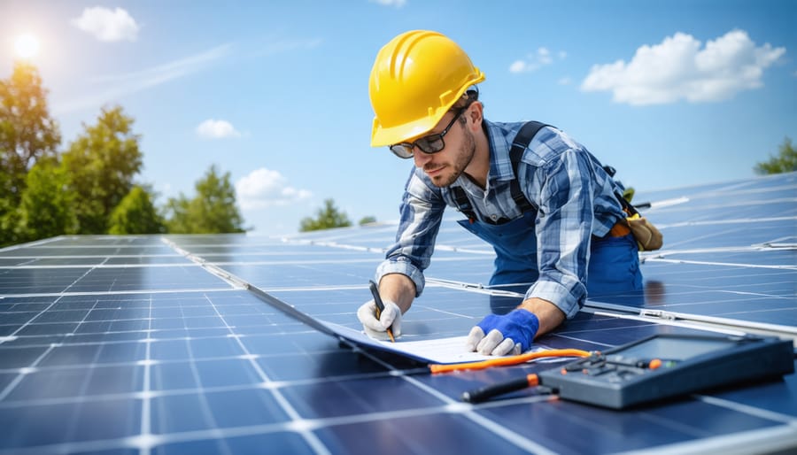 Solar panel technician performing equipment certification inspection