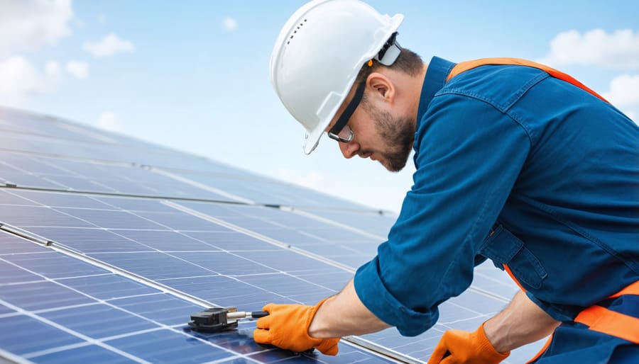 Certified technician installing grounding equipment on off-grid solar system