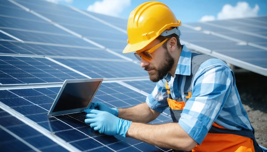 Solar panel maintenance worker performing system optimization checks