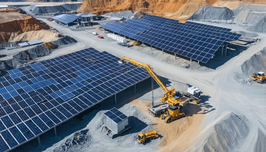 Mining facility with extensive solar panel installation showing integration of renewable energy in mining operations