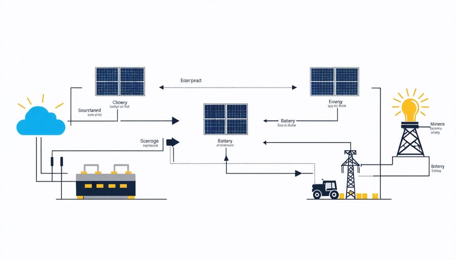 Infographic illustrating solar power integration and energy storage in mining operations