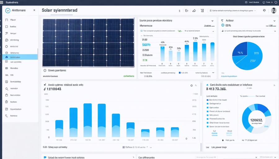 Smart monitoring system dashboard displaying solar power metrics and system health indicators