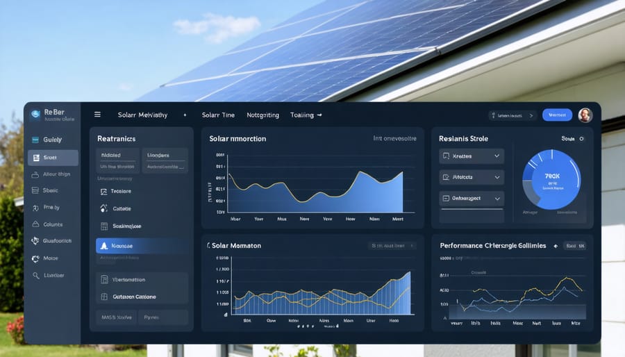 Digital monitoring dashboard displaying solar system performance data and status indicators