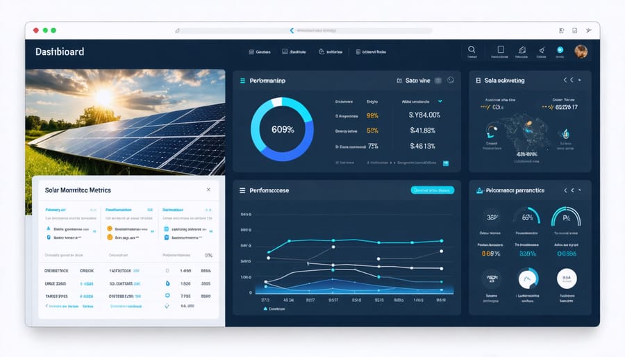 Digital dashboard displaying solar panel performance data including power output, efficiency, and energy production graphs