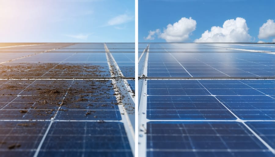 Side-by-side comparison of clean and dirty solar panels demonstrating impact on efficiency