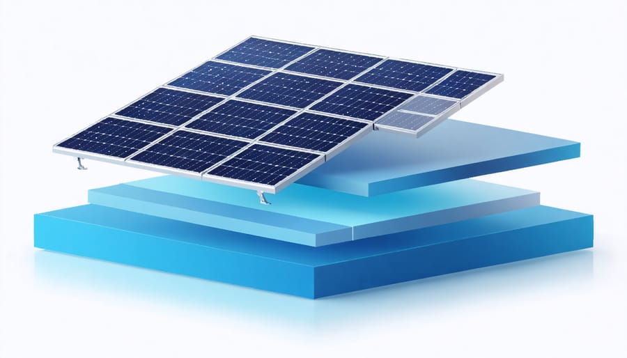 Detailed cross-section illustration of solar panel layers including silicon cells, glass, and protective materials