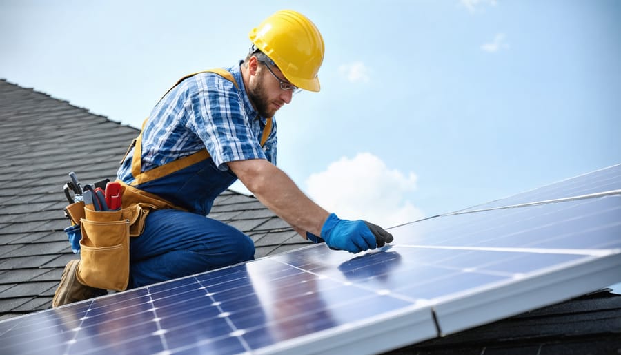 Solar panel installation technician mounting panels on a house roof