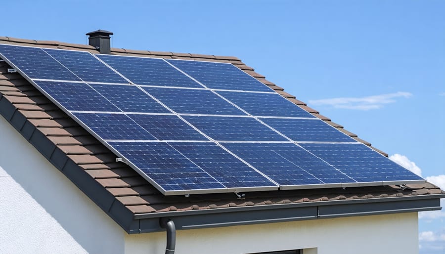 Technicians installing solar panels on a house roof with safety equipment