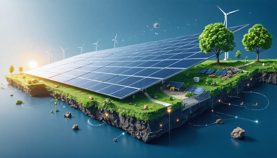 An artistic depiction of a solar panel's lifecycle, showcasing stages from raw material extraction, through energy generation, to end-of-life recycling, emphasizing sustainability and innovation.