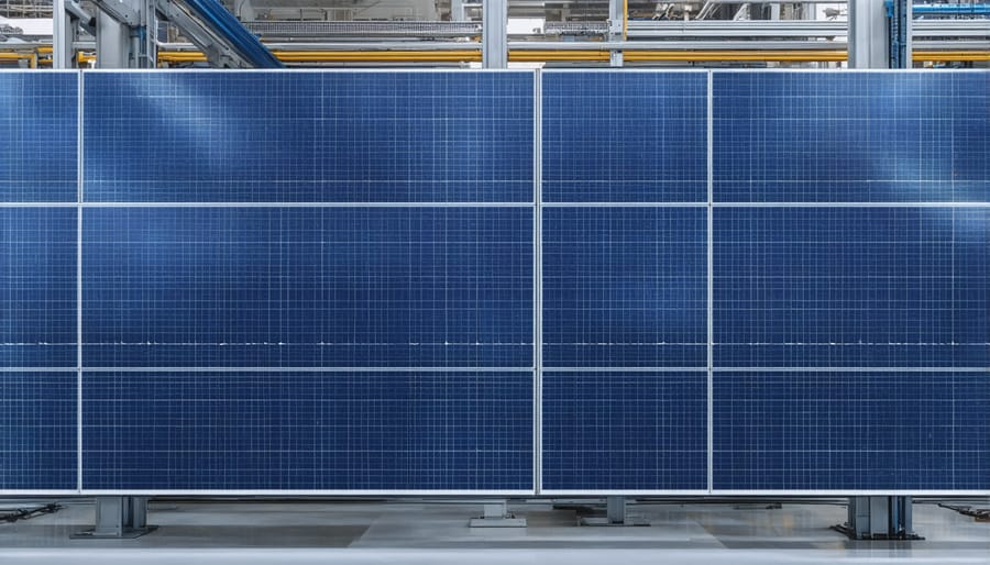 Modern factory production line with workers assembling solar panels