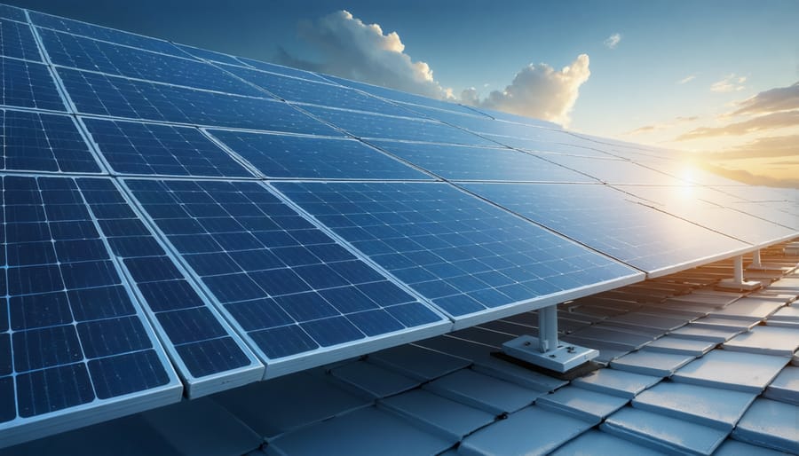 Conceptual illustration showing solar panels adjusted to optimal angles for different seasons, with a sun path diagram illustrating seasonal variations in sunlight exposure.