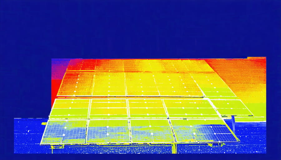 Thermal image of solar panels displaying temperature variations in hot weather