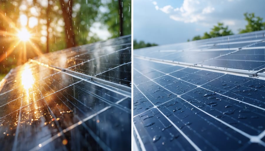 Contrasting images of solar panels showing their performance in bright sunny weather versus cloudy conditions, illustrating the impact of different weather patterns on solar energy efficiency.