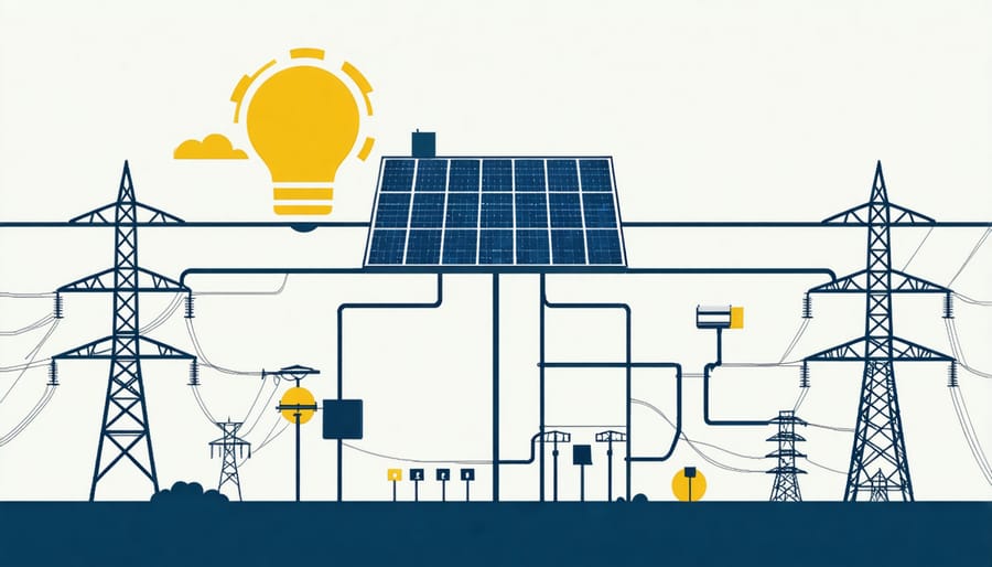 Directional arrows showing electricity flow between solar panels, home, and power grid