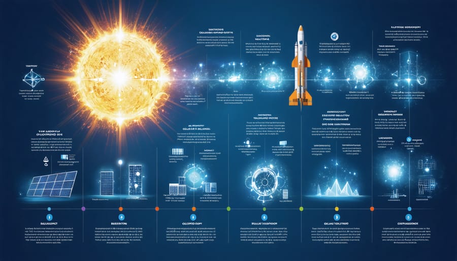 A creative representation of the evolution of solar technology, highlighting milestones from the discovery of the photovoltaic effect to modern solar panels, and featuring imagery of early solar cells, the Vanguard 1 satellite, and contemporary solar advancements.